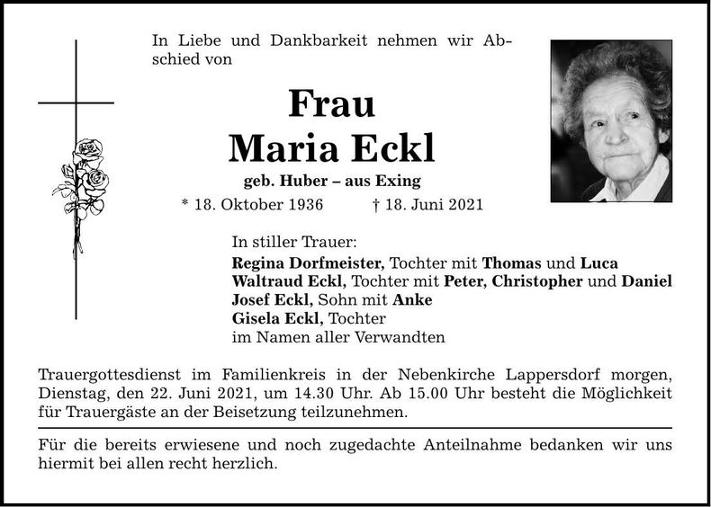 Traueranzeige Maria Eckl