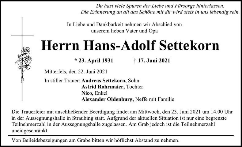 Traueranzeige Hans-Adolf Settekorn