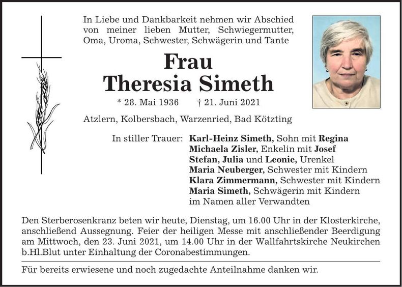 Traueranzeige Theresia Simeth