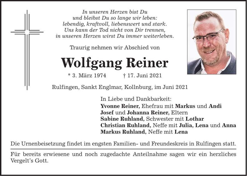 Traueranzeige Wolfgang Reiner