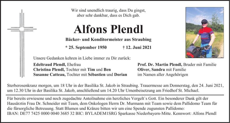 Traueranzeige Alfons Plendl