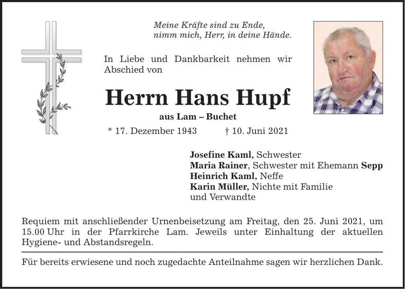 Traueranzeige Hans Hupf