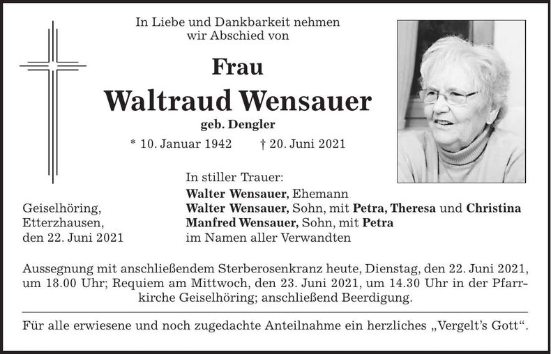Traueranzeige Waltraud Wensauer