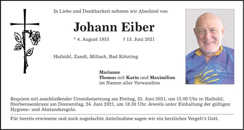 Traueranzeige Johann Eiber