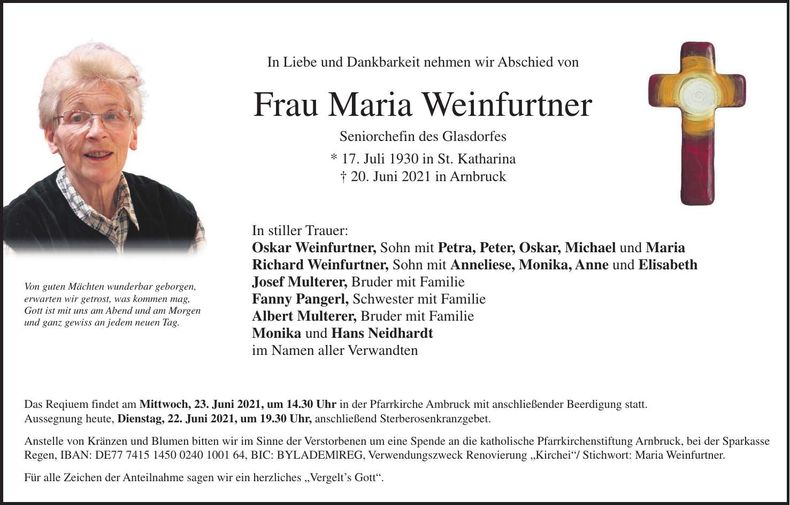 Traueranzeige Maria Weinfurtner