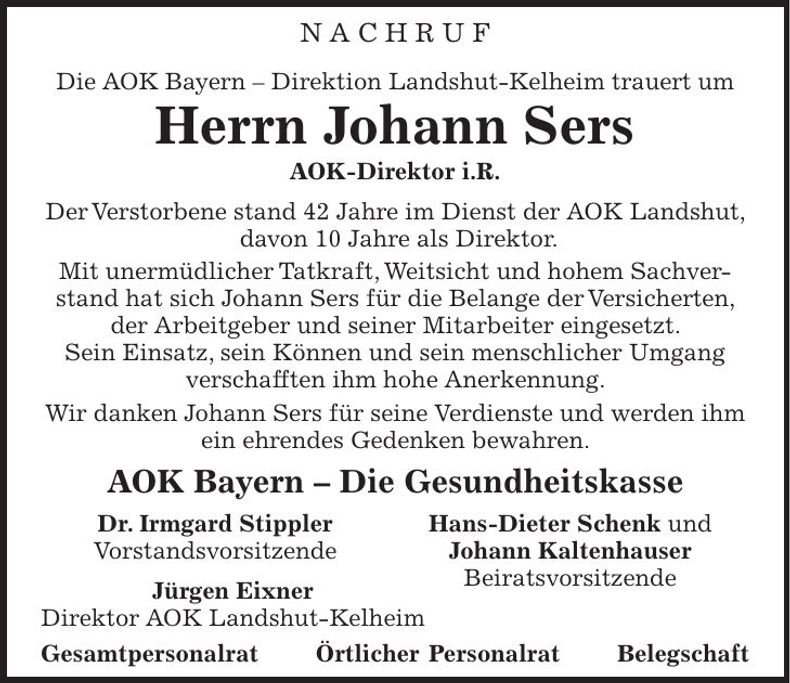 Traueranzeige Johann Sers