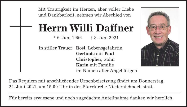 Traueranzeige Willi Daffner