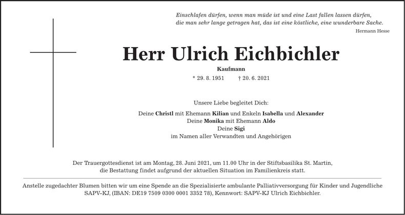 Traueranzeige Ulrich Eichbichler