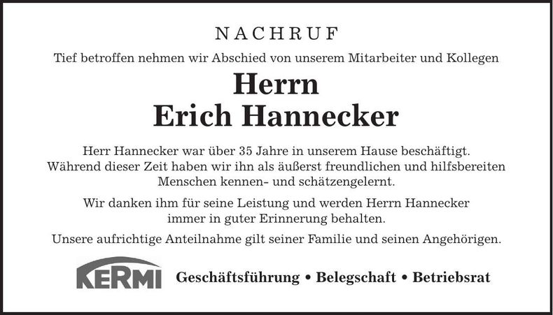 Traueranzeige Erich Hannecker