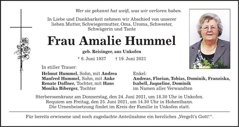 Traueranzeige Amalie Hummel