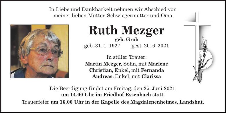 Traueranzeige Ruth Mezger