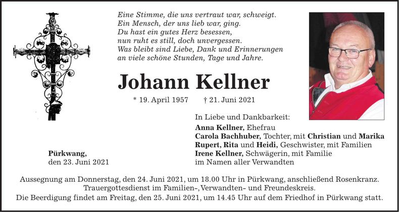 Traueranzeige Johann Kellner