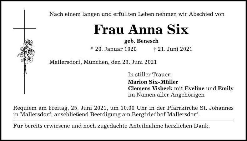 Traueranzeige Anna Six