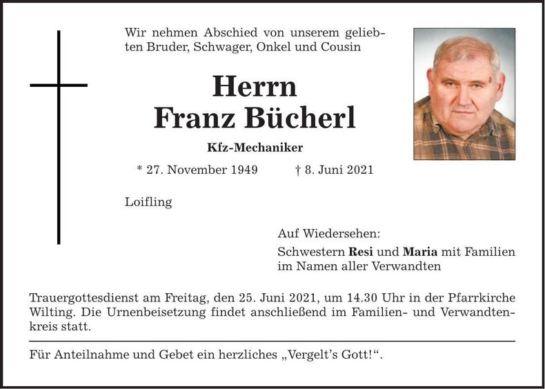 Traueranzeige Franz Bücherl