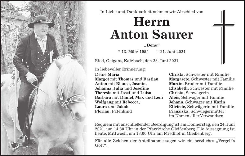 Traueranzeige Anton Saurer