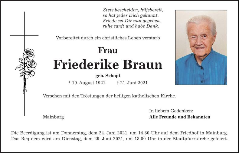 Traueranzeige Friederike Braun