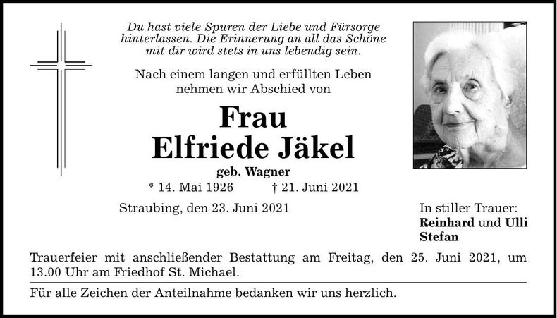 Traueranzeige Elfriede Jäkel