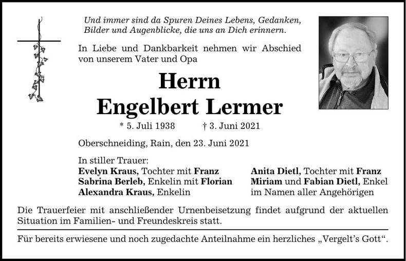 Traueranzeige Engelbert Lermer
