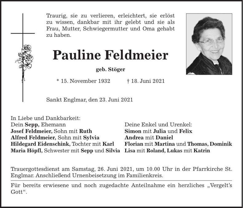 Traueranzeige Pauline Feldmeier