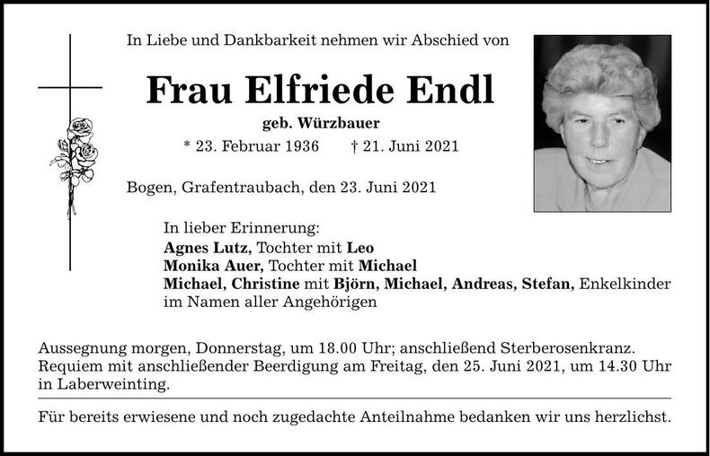 Traueranzeige Elfriede Endl