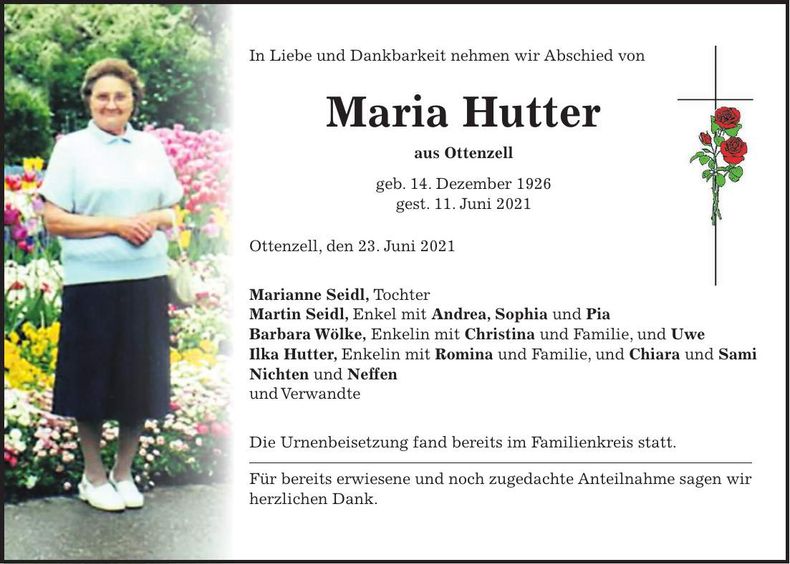 Traueranzeige Maria Hutter