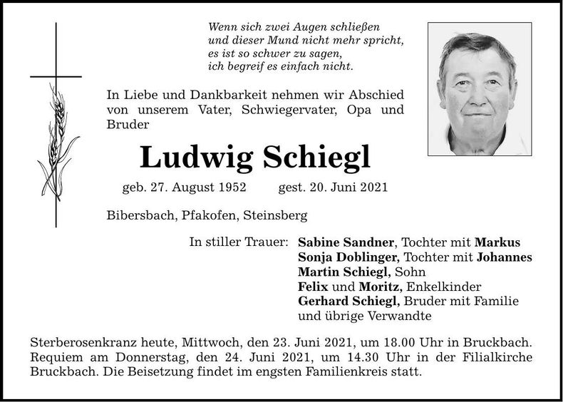Traueranzeige Ludwig Schiegl
