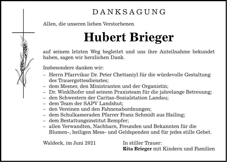 Traueranzeige Hubert Brieger