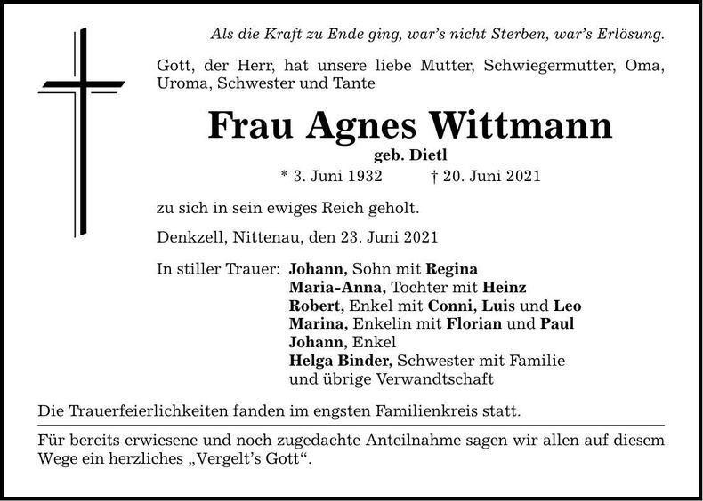 Traueranzeige Agnes Wittmann