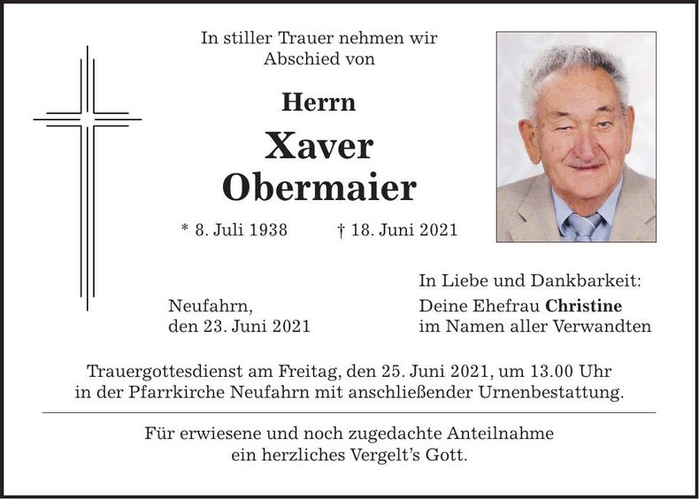 Traueranzeige Franz Xaver Obermaier