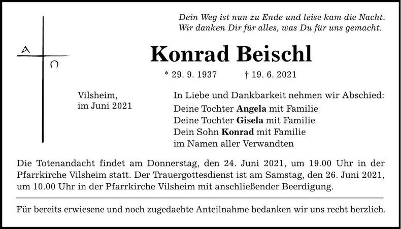 Traueranzeige Konrad Beischl