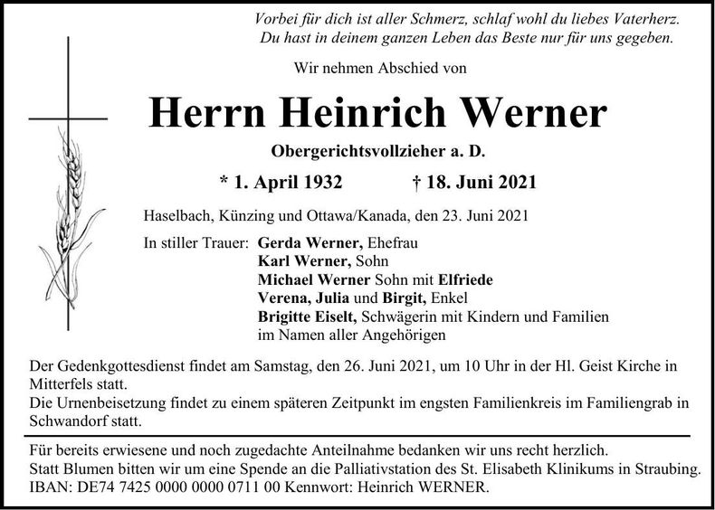 Traueranzeige Heinrich Werner