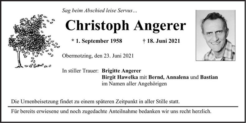 Traueranzeige Christoph Angerer