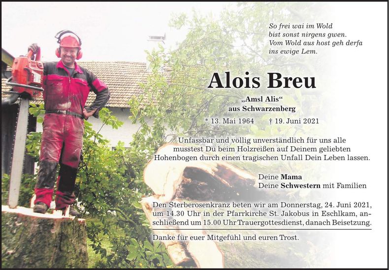 Traueranzeige Alois Breu