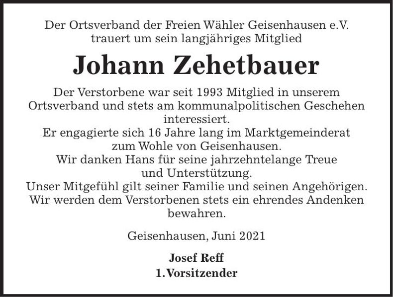Traueranzeige Josef Reff