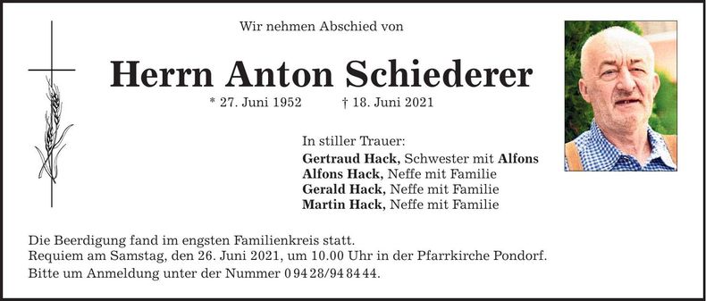 Traueranzeige Anton Schiederer
