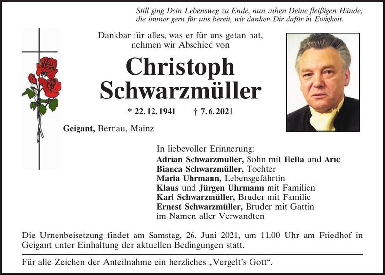 Traueranzeige Christoph Schwarzmüller