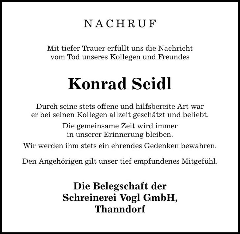 Traueranzeige Konrad Seidl