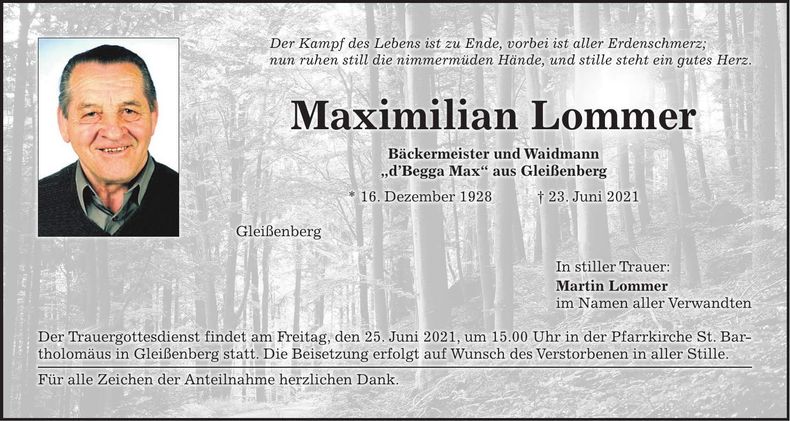 Traueranzeige Maximilian Lommer