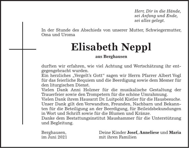 Traueranzeige Elisabeth Neppl
