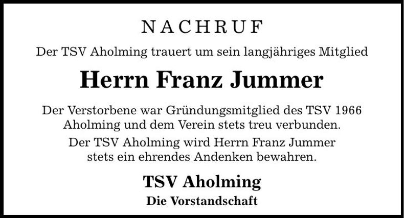 Traueranzeige Franz Jummer
