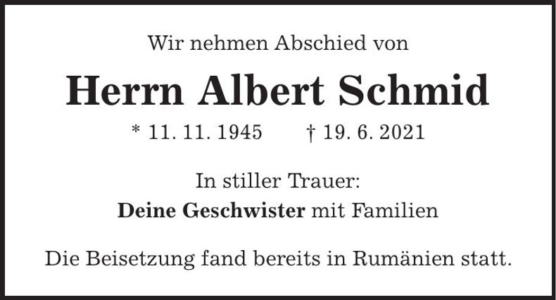 Traueranzeige Albert Schmid