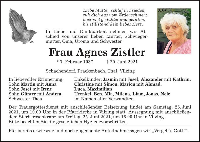 Traueranzeige Agnes Zistler