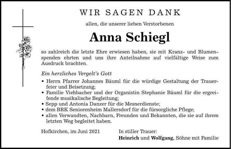 Traueranzeige Anna Schiegl