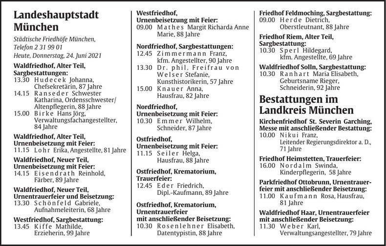 Traueranzeige Abendzeitung Bestattungskalender