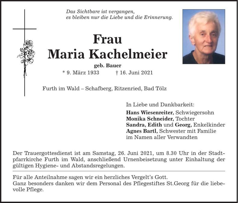 Traueranzeige Maria Kachelmeier