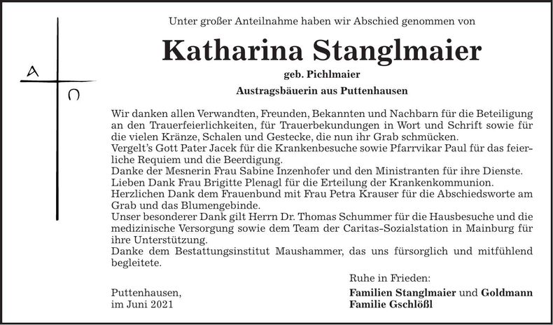 Traueranzeige Katharina Stanglmaier