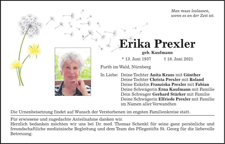 Traueranzeige Erika Prexler
