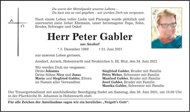 Traueranzeige Peter Gabler