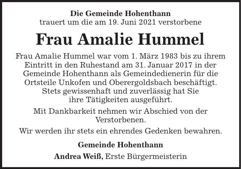 Traueranzeige Amalie Hummel