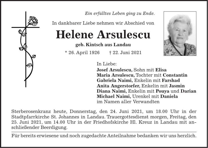 Traueranzeige Helene Arsulescu